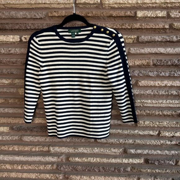 Lauren Ralph Lauren Navy Blue White Nautical Stripe Silk Blend Sweater Small P - Picture 2 of 6